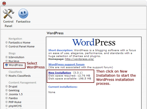 Figure 4: Start the actual WordPress install by clicking on "New Installation." (Click to see a larger image)